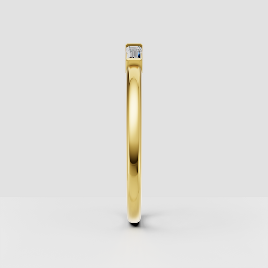 Perspective view of a rose gold diamond anniversary band