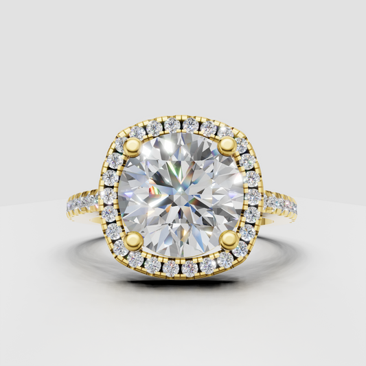 Cushion diamond halo engagement ring with pave band