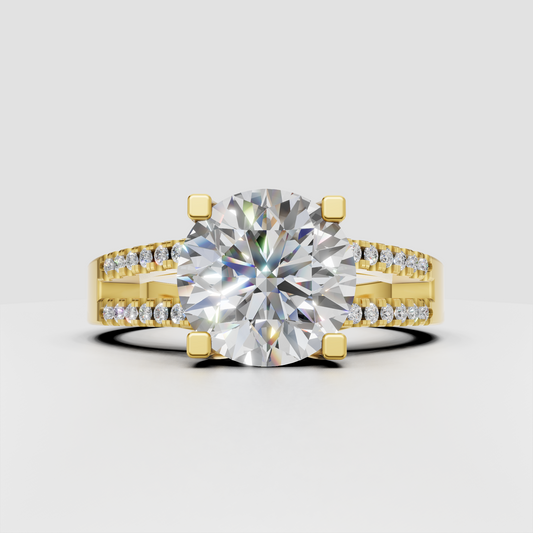 Round cut diamond ring with split shank pave band in yellow gold