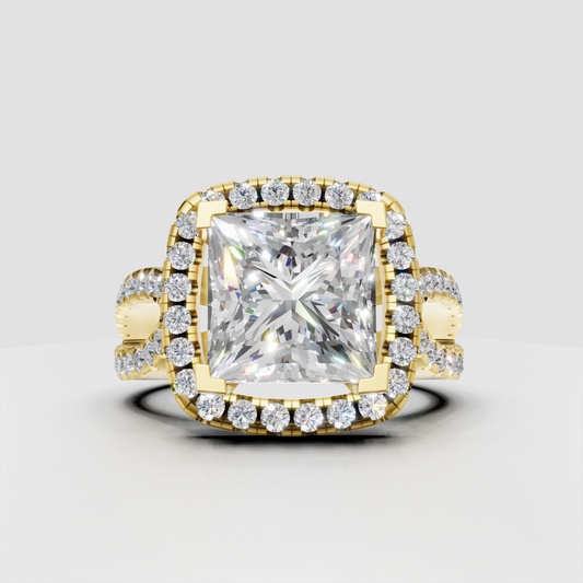 Princess diamond double row halo split shank engagement ring in polished yellow gold