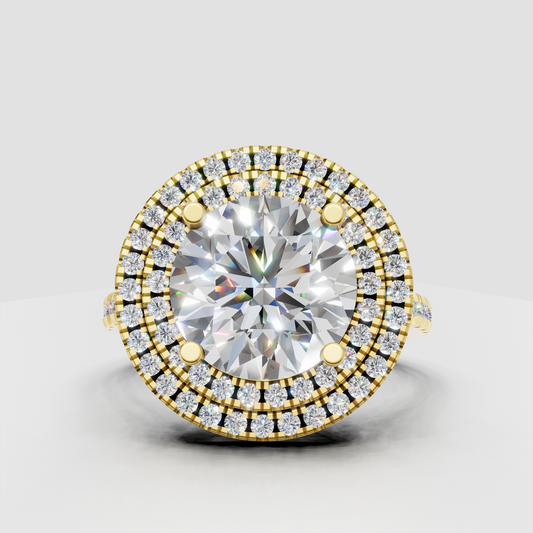 Round diamond double halo engagement ring in polished yellow gold