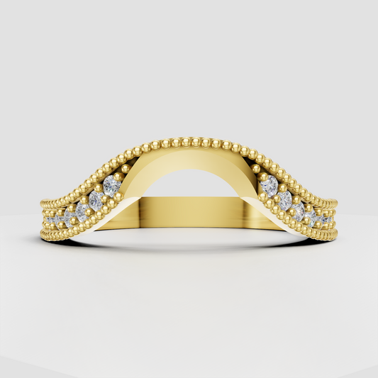 Round cut diamond floral wedding band in polished yellow gold