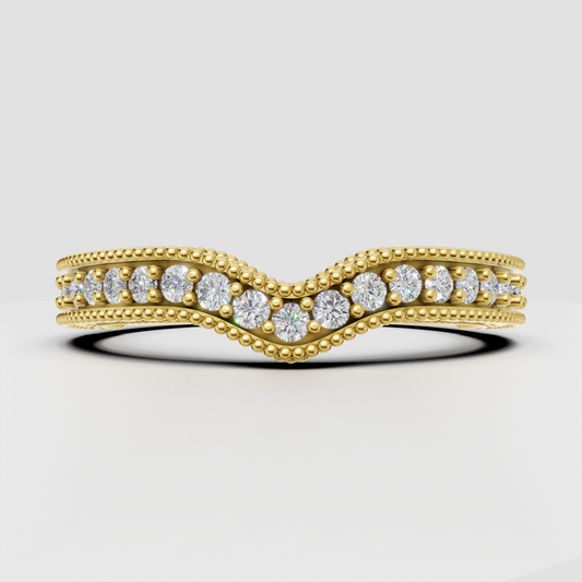 Round cut diamond floral wedding band in polished yellow gold
