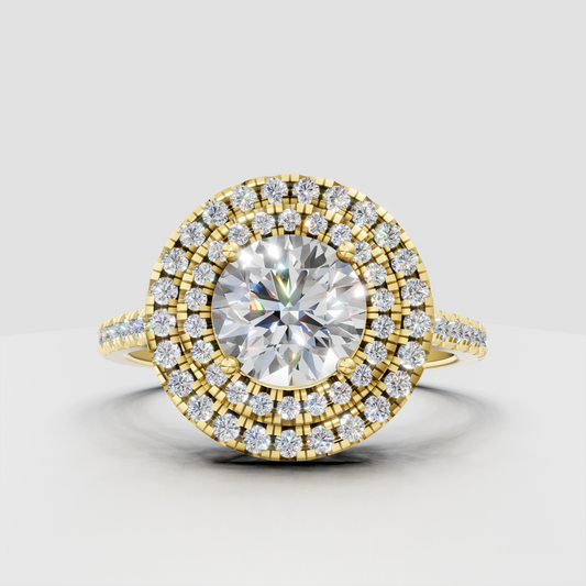 Round cut diamond floral shaped engagement ring with double halo