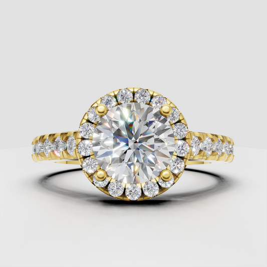 Round diamond four-prong halo pavé engagement ring in yellow gold