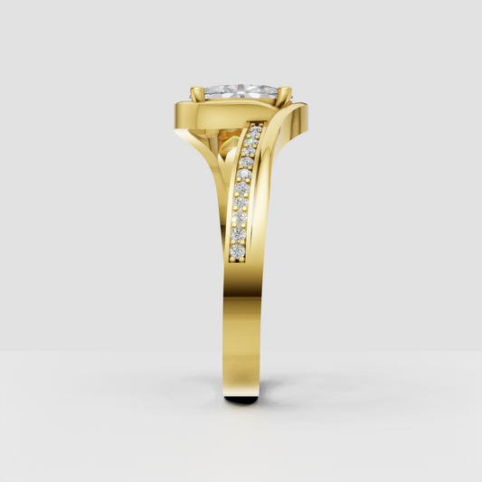 Oval diamond engagement ring featuring a modern bypass setting and pave shoulders