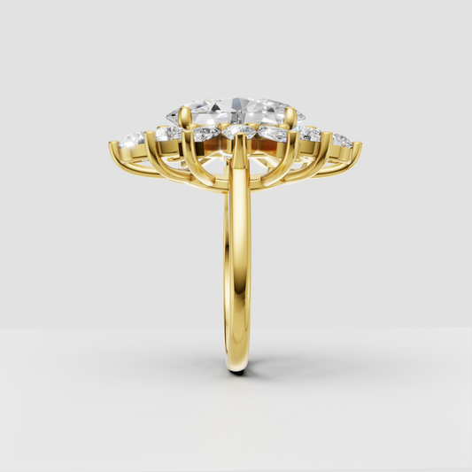 Elegant oval diamond flower cluster ring in polished yellow gold