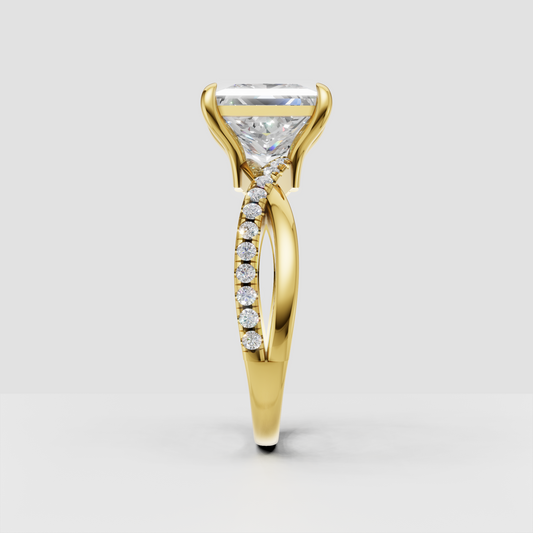 Square princess cut diamond ring with crossover split-shank band