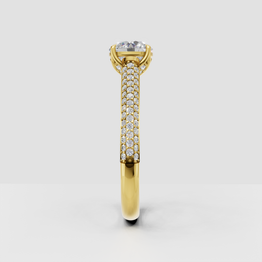 Round Diamond four-prong engagement ring with pavé band