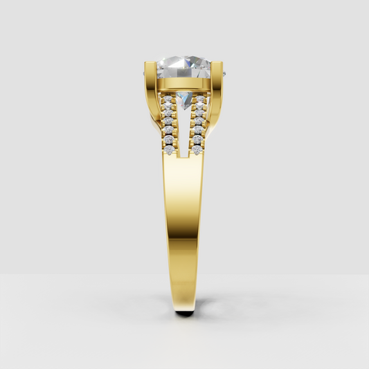 Elegant round cut diamond engagement ring with split shank design