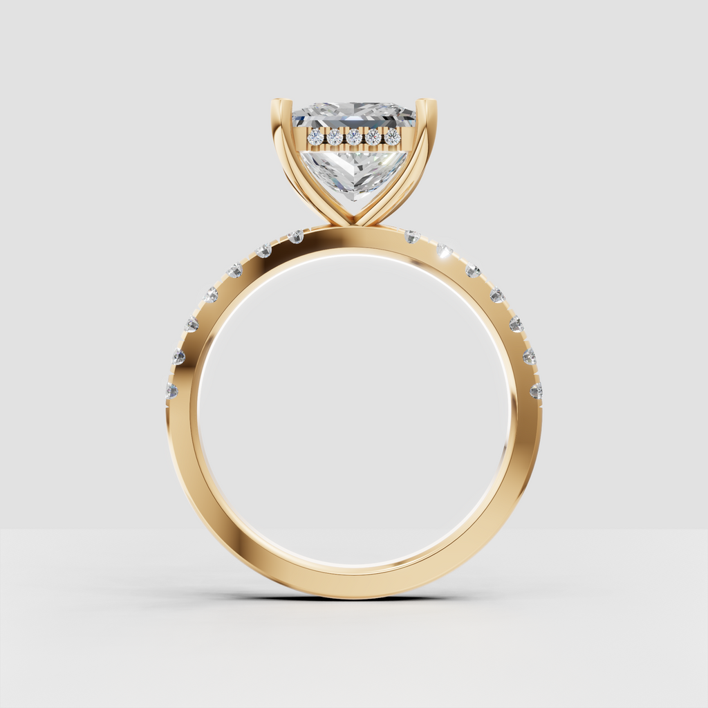 Princess diamond hidden halo ring in polished gold