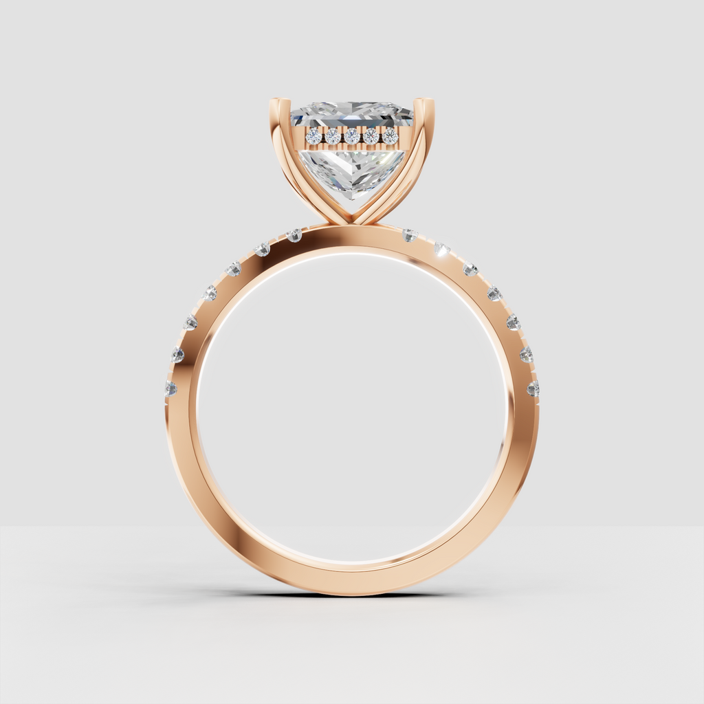 Princess cut center diamond in an elegant halo setting
