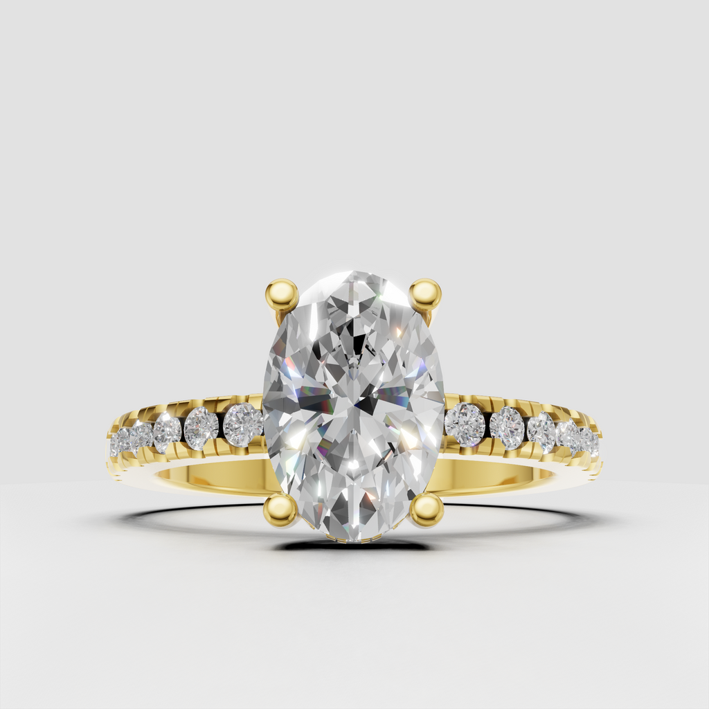 Oval diamond engagement ring with four-prong setting and hidden halo in polished gold.