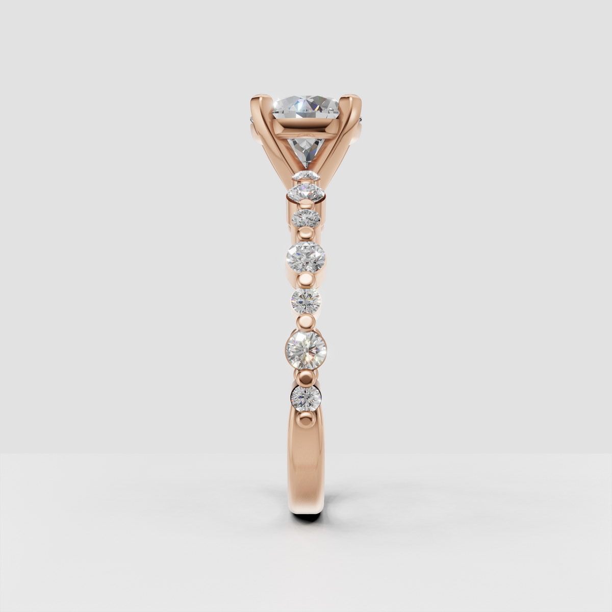 Side view of princess diamond solitaire ring showing hidden halo and elevated center setting