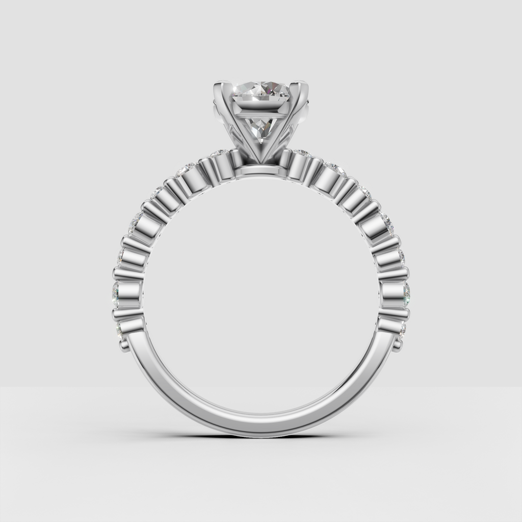 Princess diamond solitaire engagement ring shown from an angled view with hidden halo