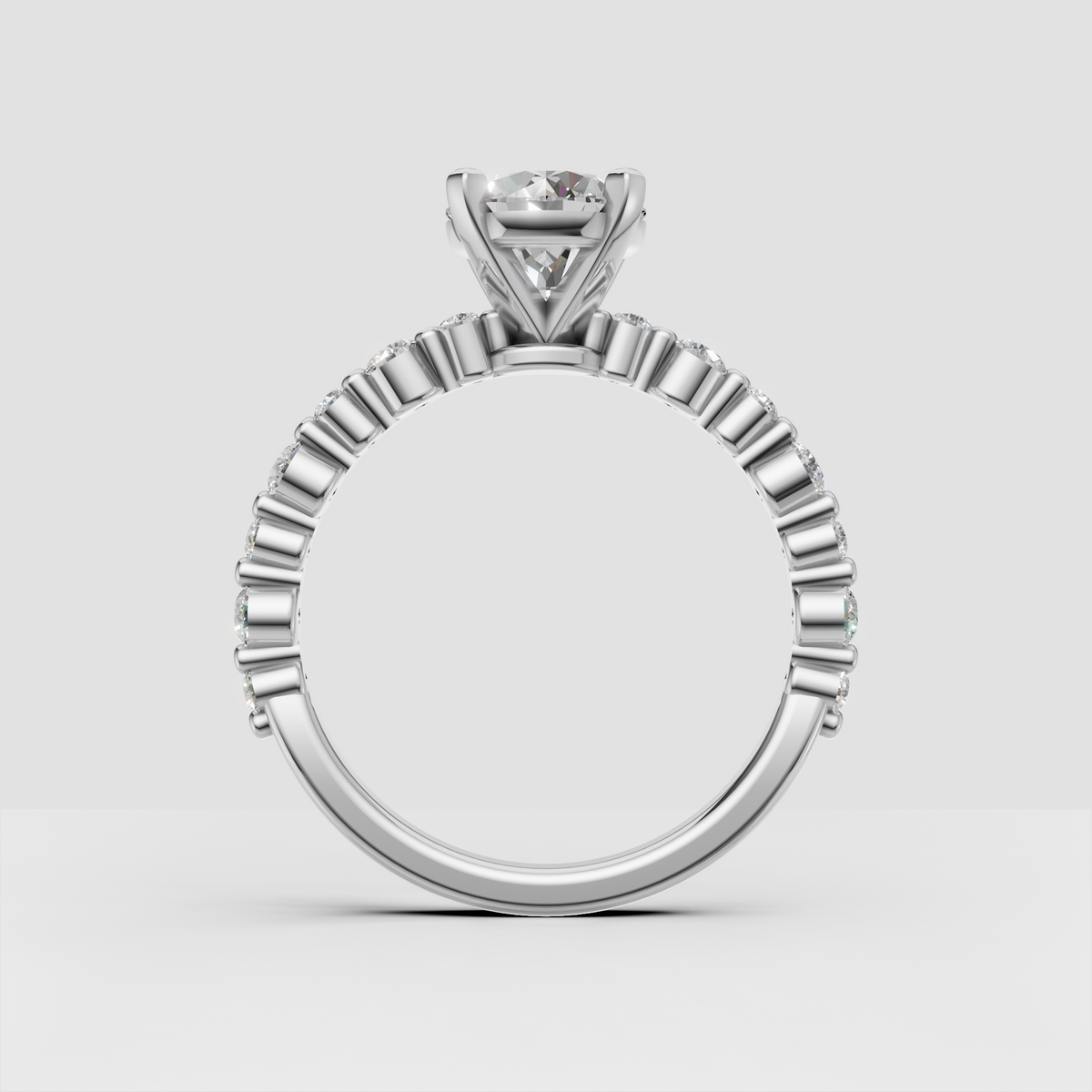 Princess diamond solitaire engagement ring shown from an angled view with hidden halo