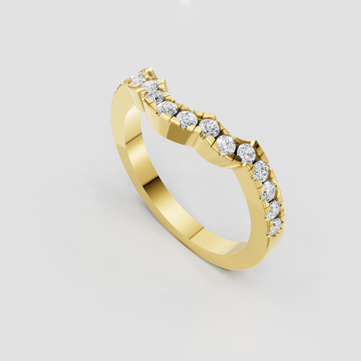 Platinum curved diamond wedding band with graduated round stones