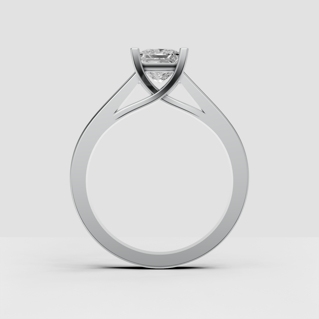 Polished platinum engagement ring featuring a princess cut center stone