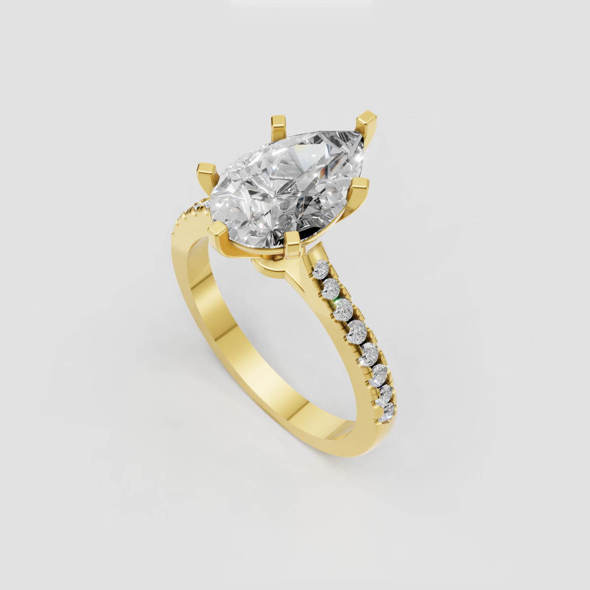 Pear-shaped diamond ring featuring a polished platinum band and brilliant pavé accents