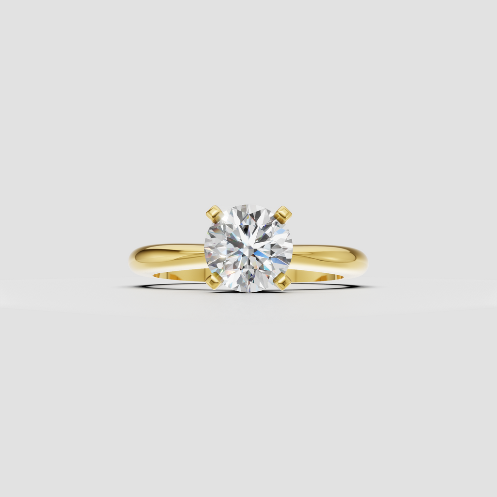 Round diamond solitaire engagement ring with four-prong setting and polished split-shank band