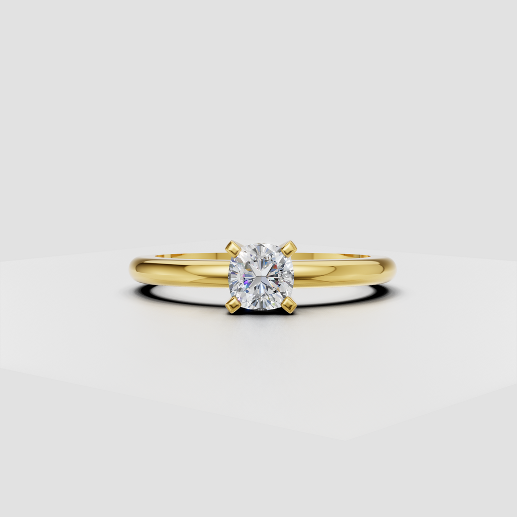 Round diamond solitaire cathedral engagement ring with four-prong setting and polished band