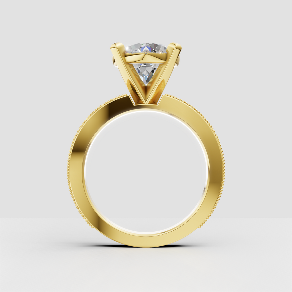 Round diamond engagement ring with milgrain band detailing