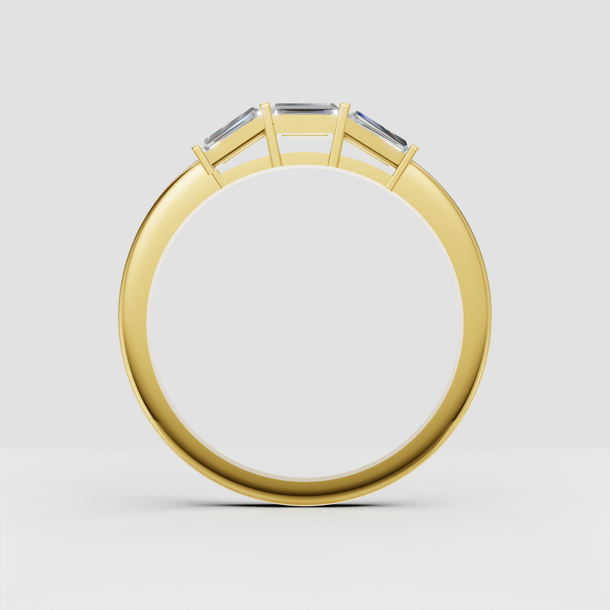 Modern geometric three-stone ring in polished rose gold
