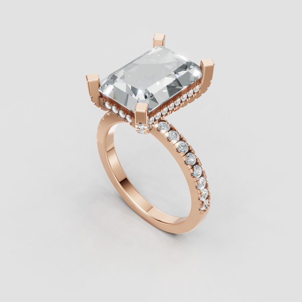 Elongated rectangular radiant diamond engagement ring in rose gold