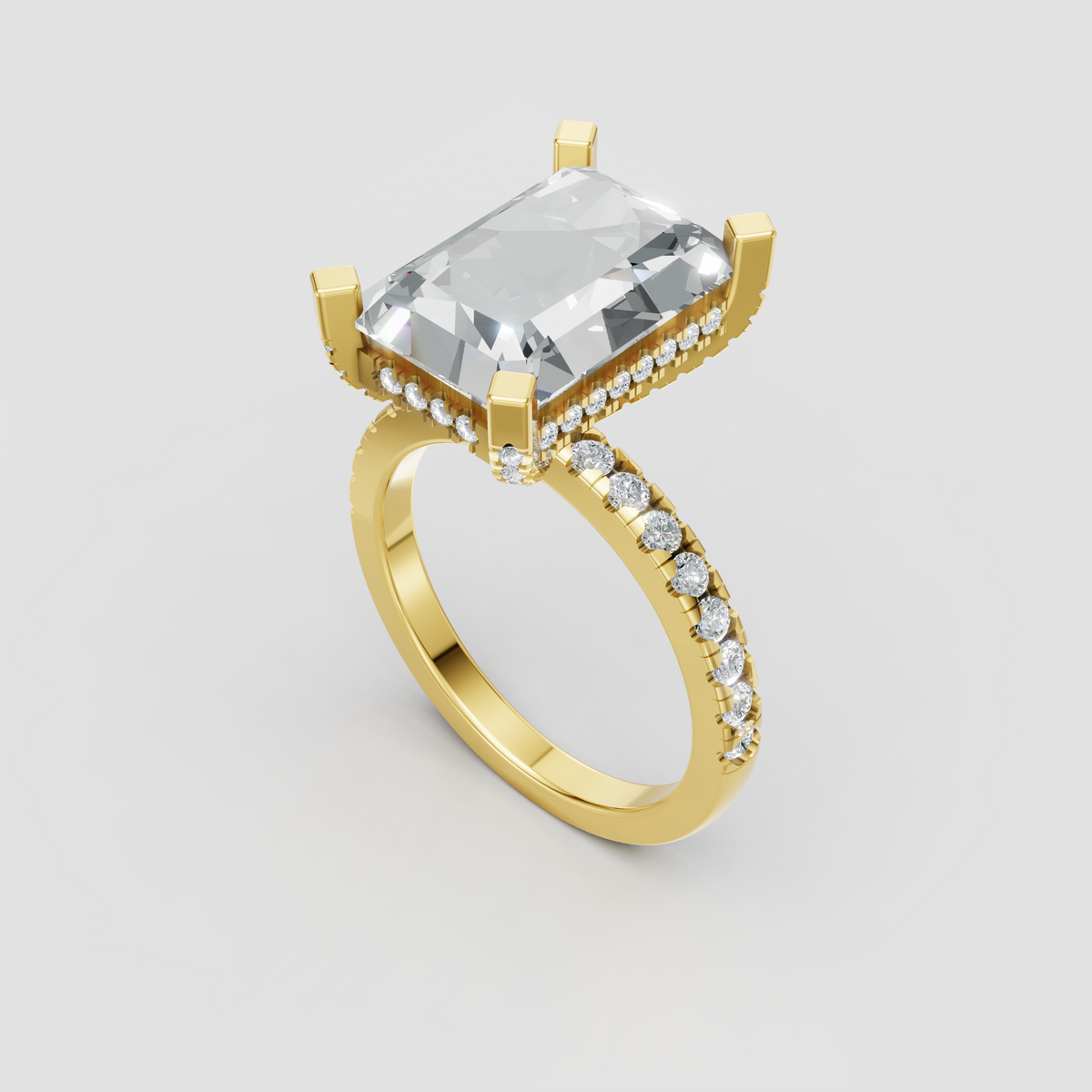 Rose gold radiant cut diamond ring with pavé diamond band