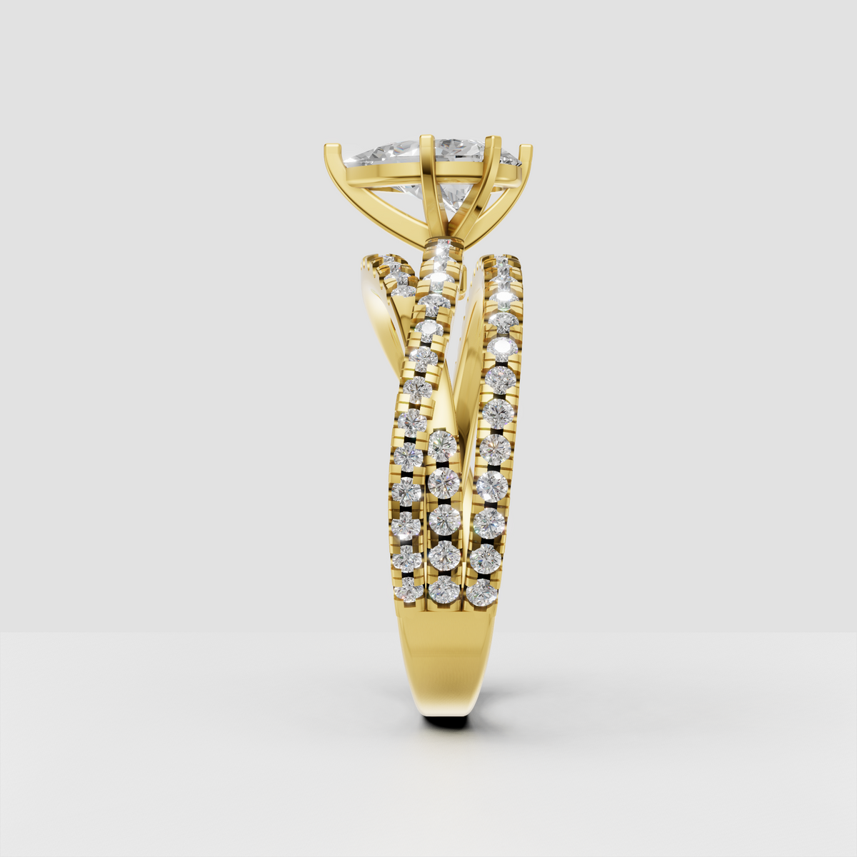 Elegant pear diamond ring with multi-row diamond shank