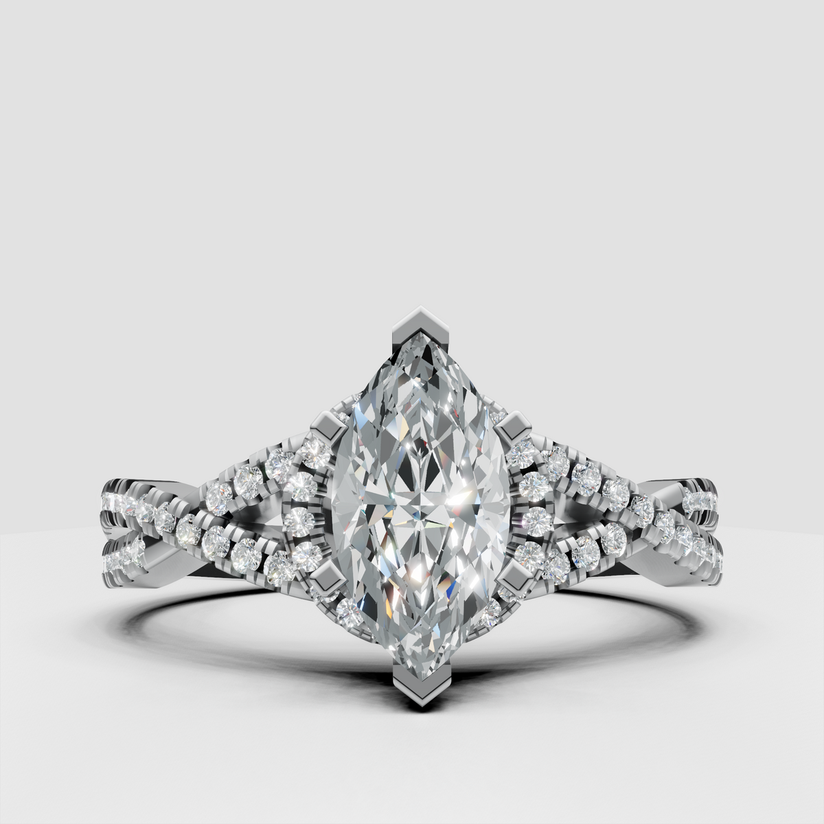 Side view of marquise diamond twisted split-shank engagement ring