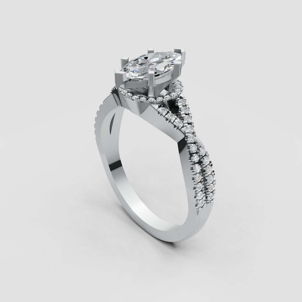 Front view of marquise diamond engagement ring with pavé details