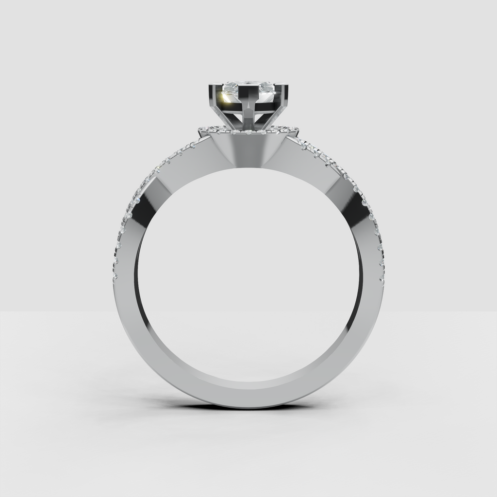 Marquise diamond ring featuring twisted pavé band design
