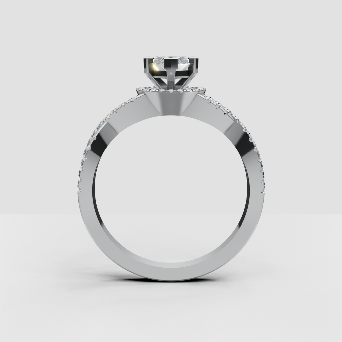Marquise diamond ring featuring twisted pavé band design