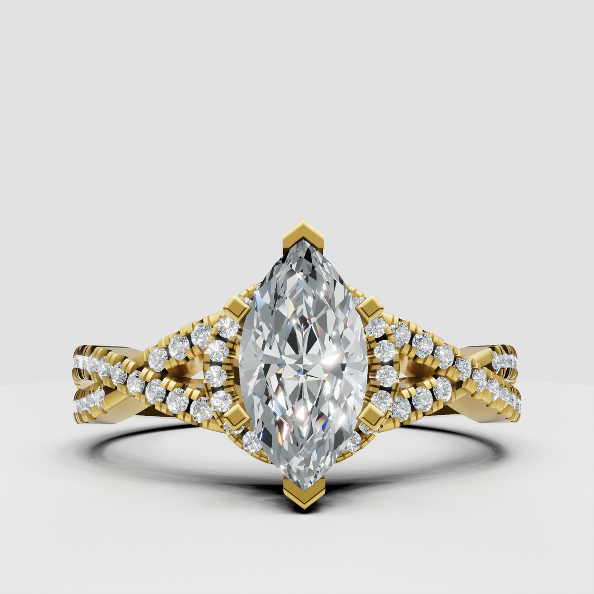 Marquise diamond twisted split-shank engagement ring with pavé band