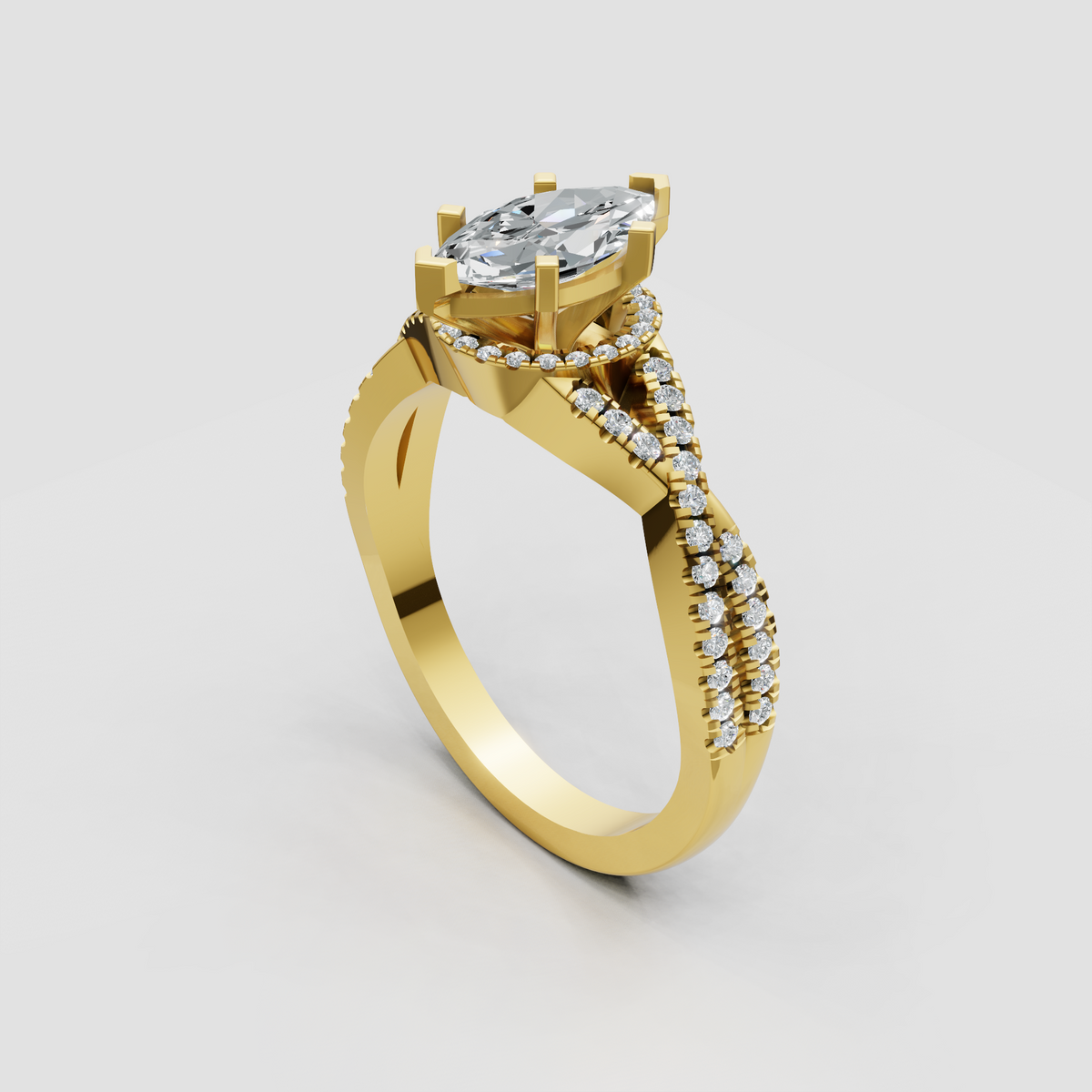 Marquise diamond engagement ring with twisted crossover shank