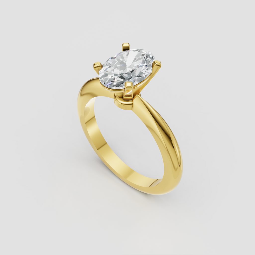 Oval diamond solitaire ring shown from the front with classic yellow gold shank