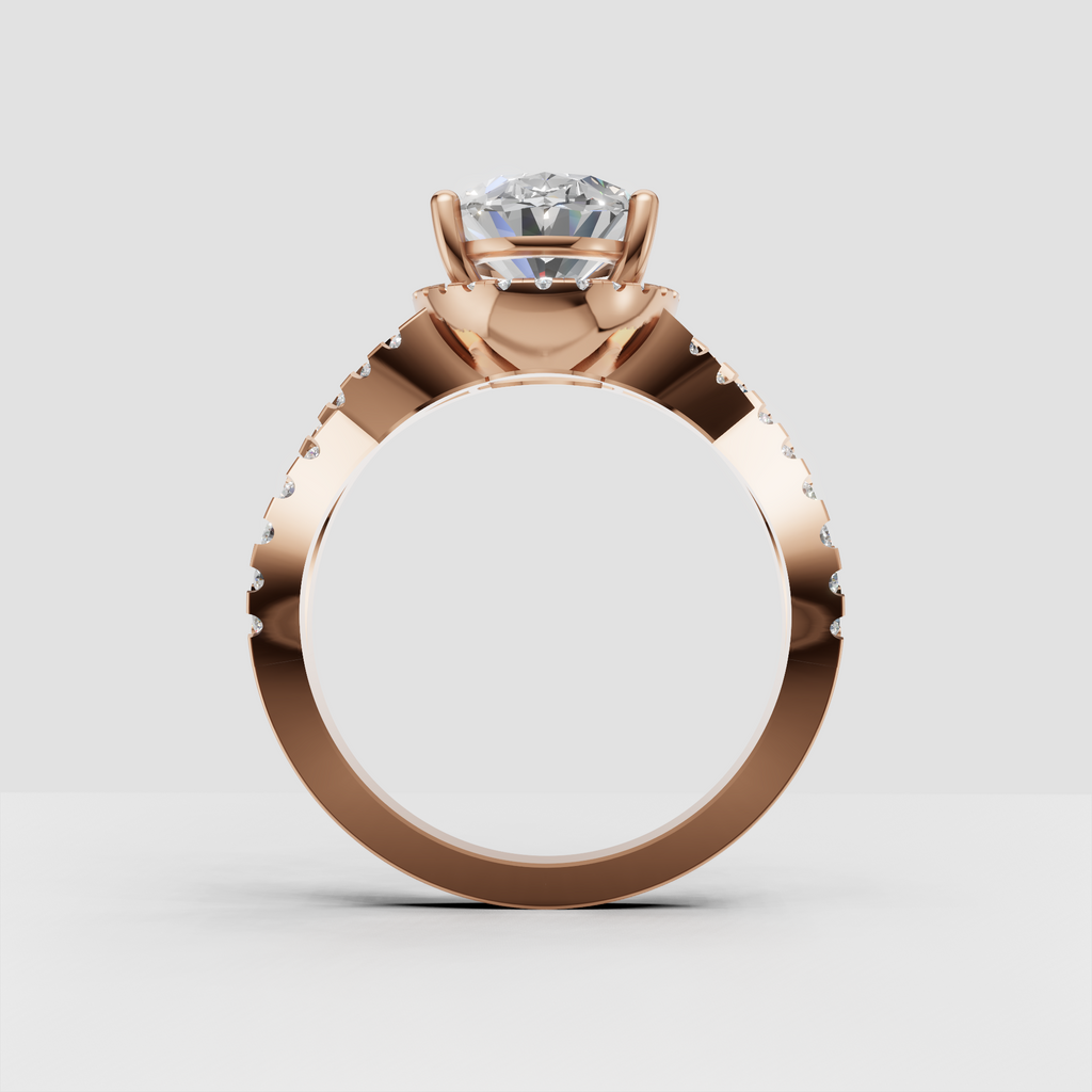 Oval Diamond halo ring with round accent stones along band