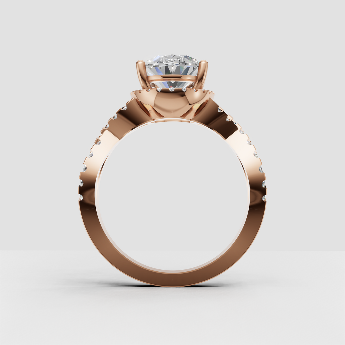 Oval Diamond halo ring with round accent stones along band