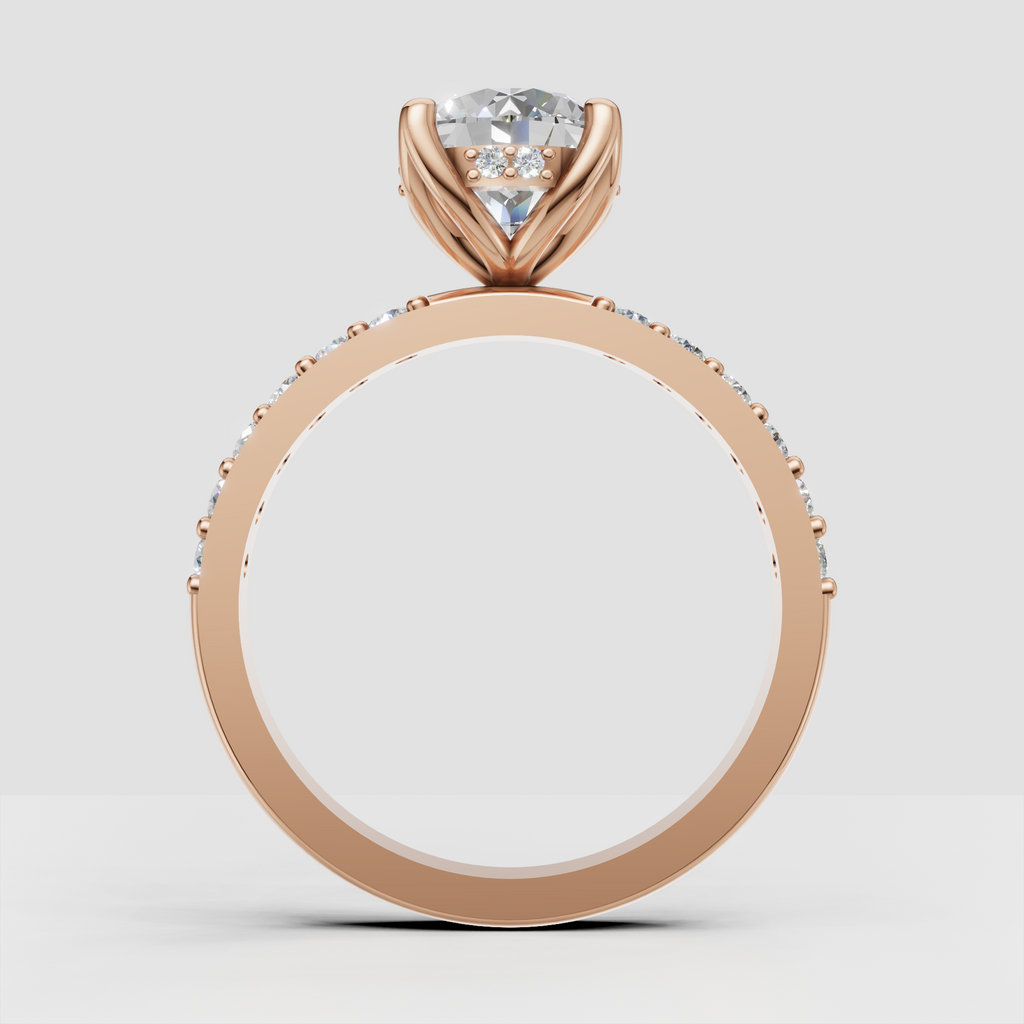Round diamond bridal ring with detailed floral gold framework