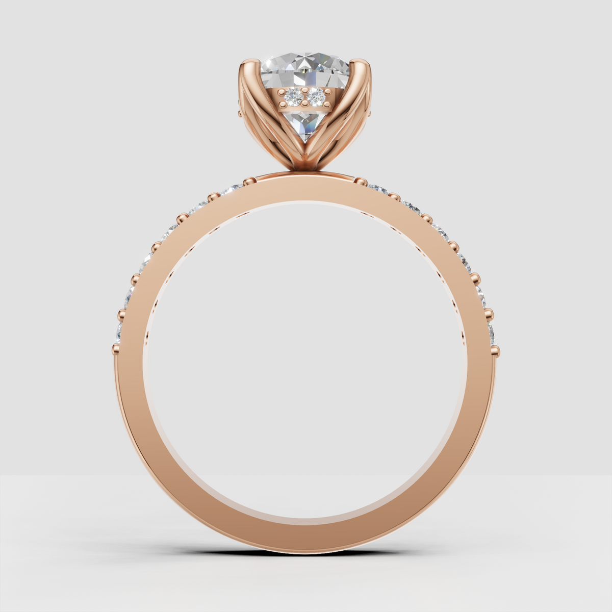 Round diamond bridal ring with detailed floral gold framework