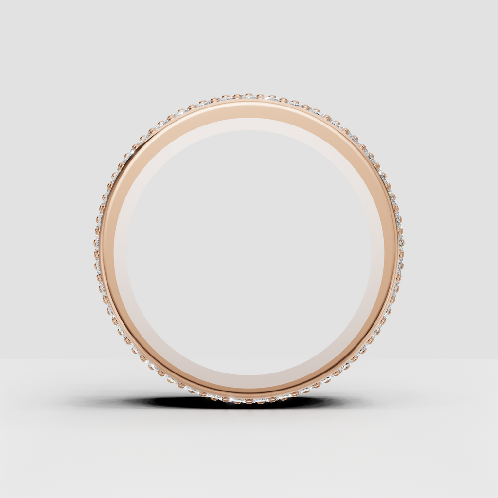Bead-set round diamond wide band ring in luxurious yellow gold