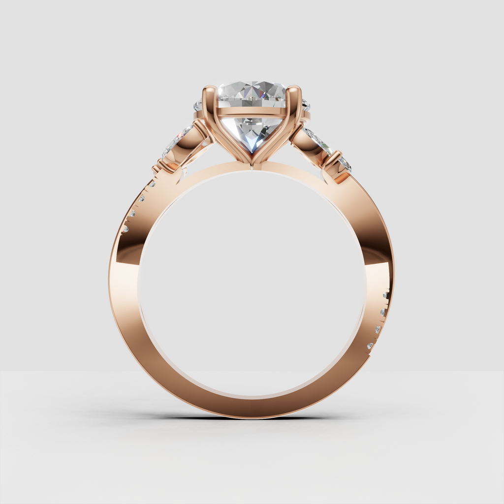 Side profile of round diamond engagement ring with sculptural crossover shoulders