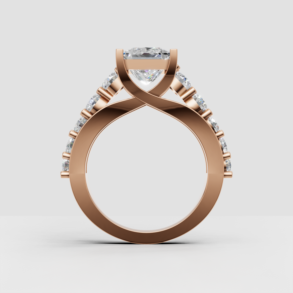 Princess diamond ring with polished gold band and prong set side diamonds