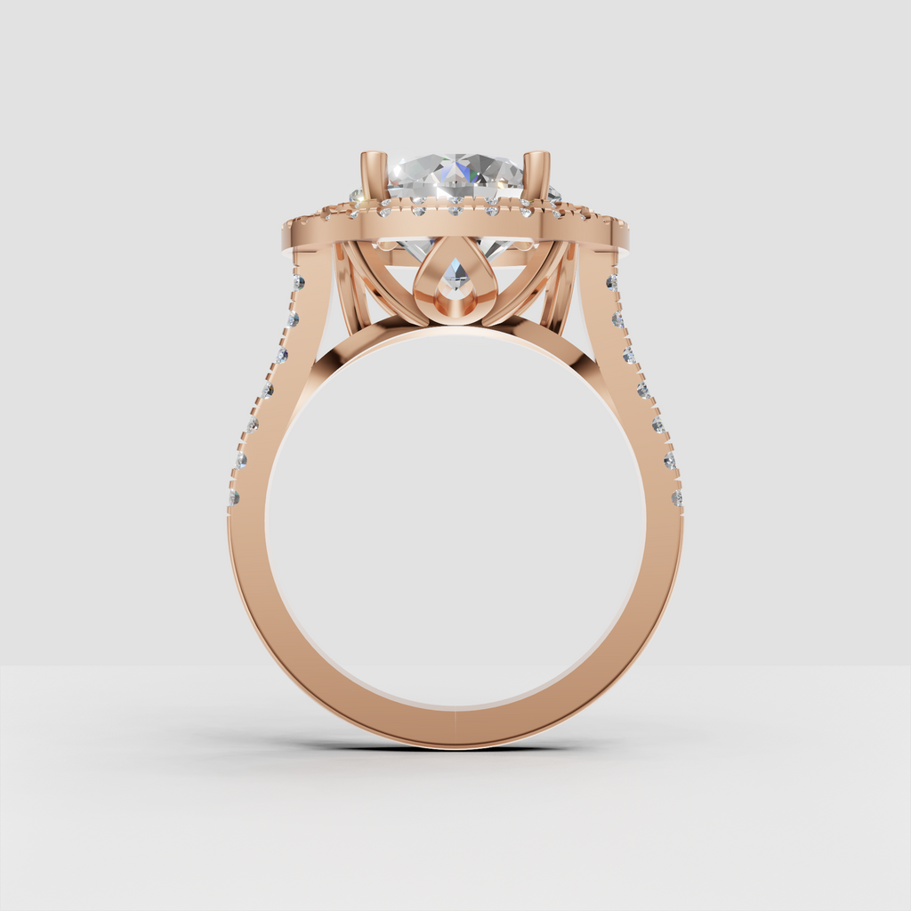 Yellow gold double halo diamond ring viewed from an angled perspective