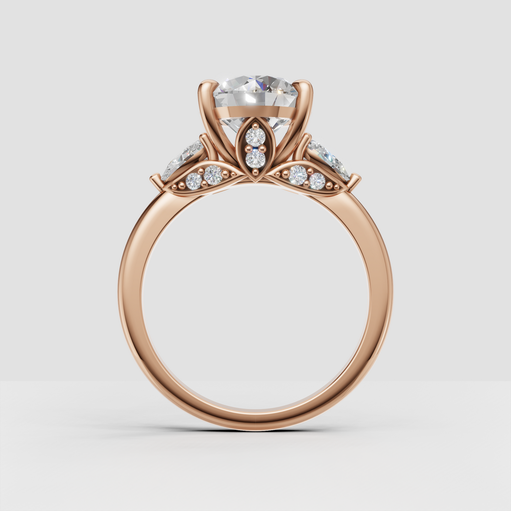 Luxury round diamond engagement ring with leaf prongs