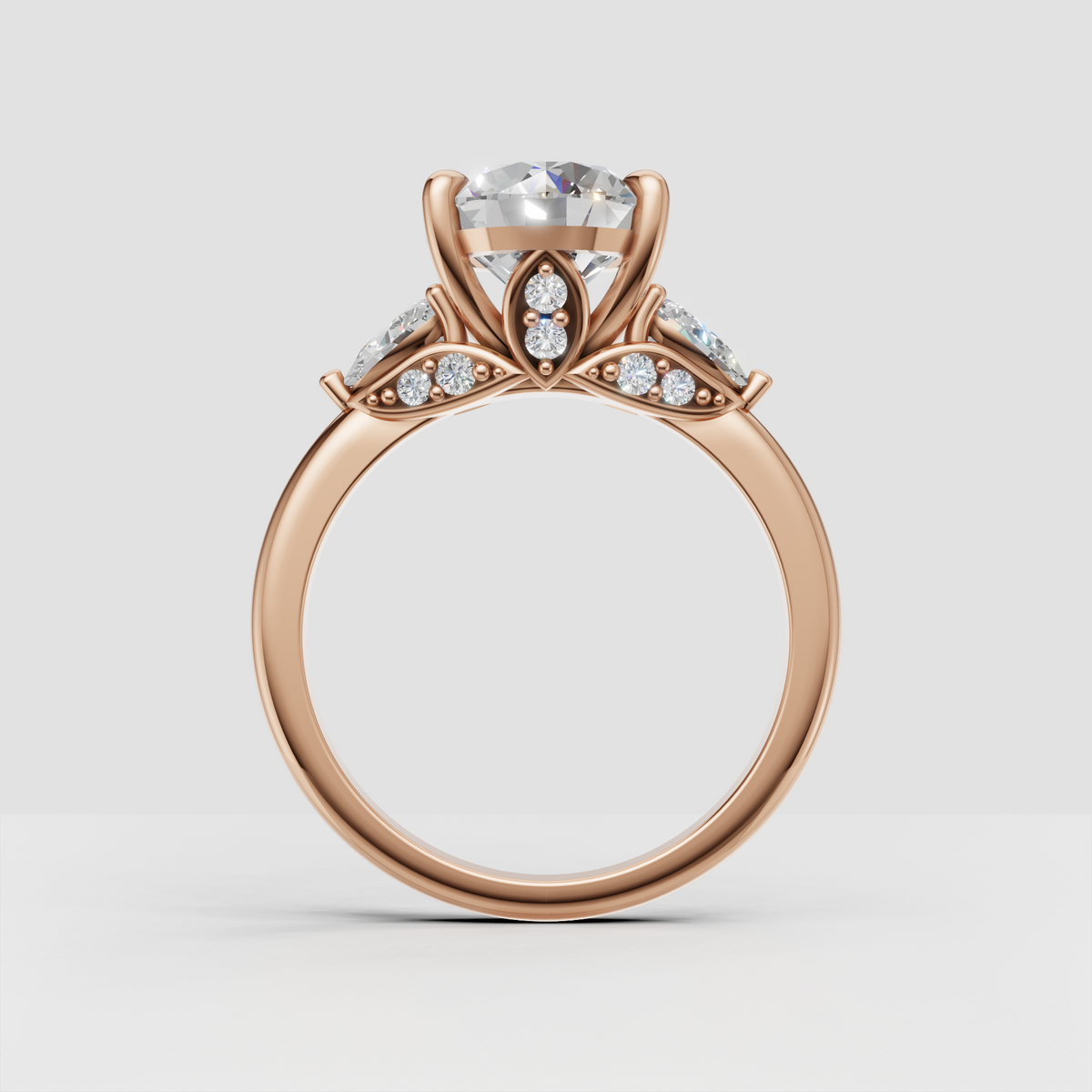 Luxury round diamond engagement ring with leaf prongs