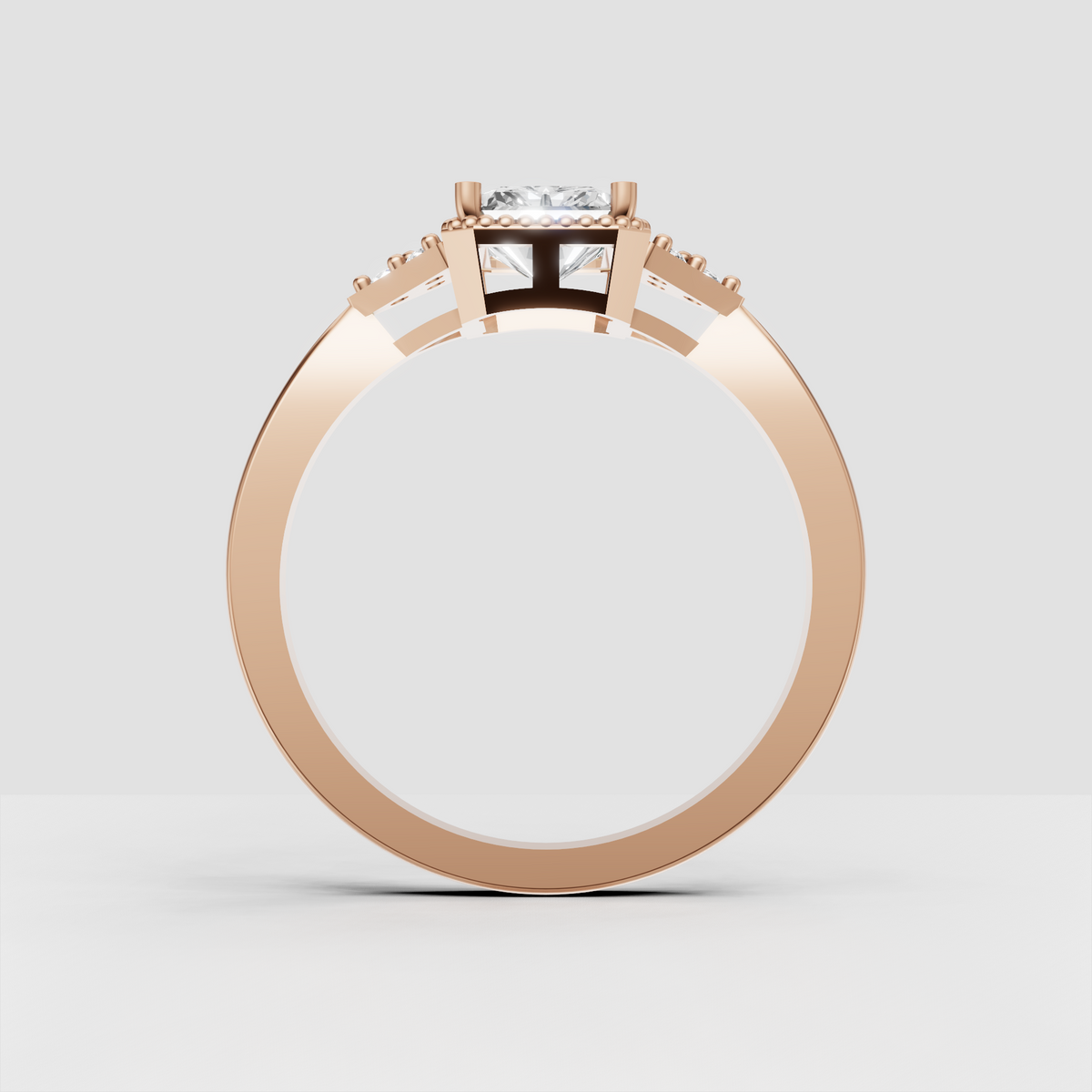 Rectangular Radiant engagement ring with round diamond side accents