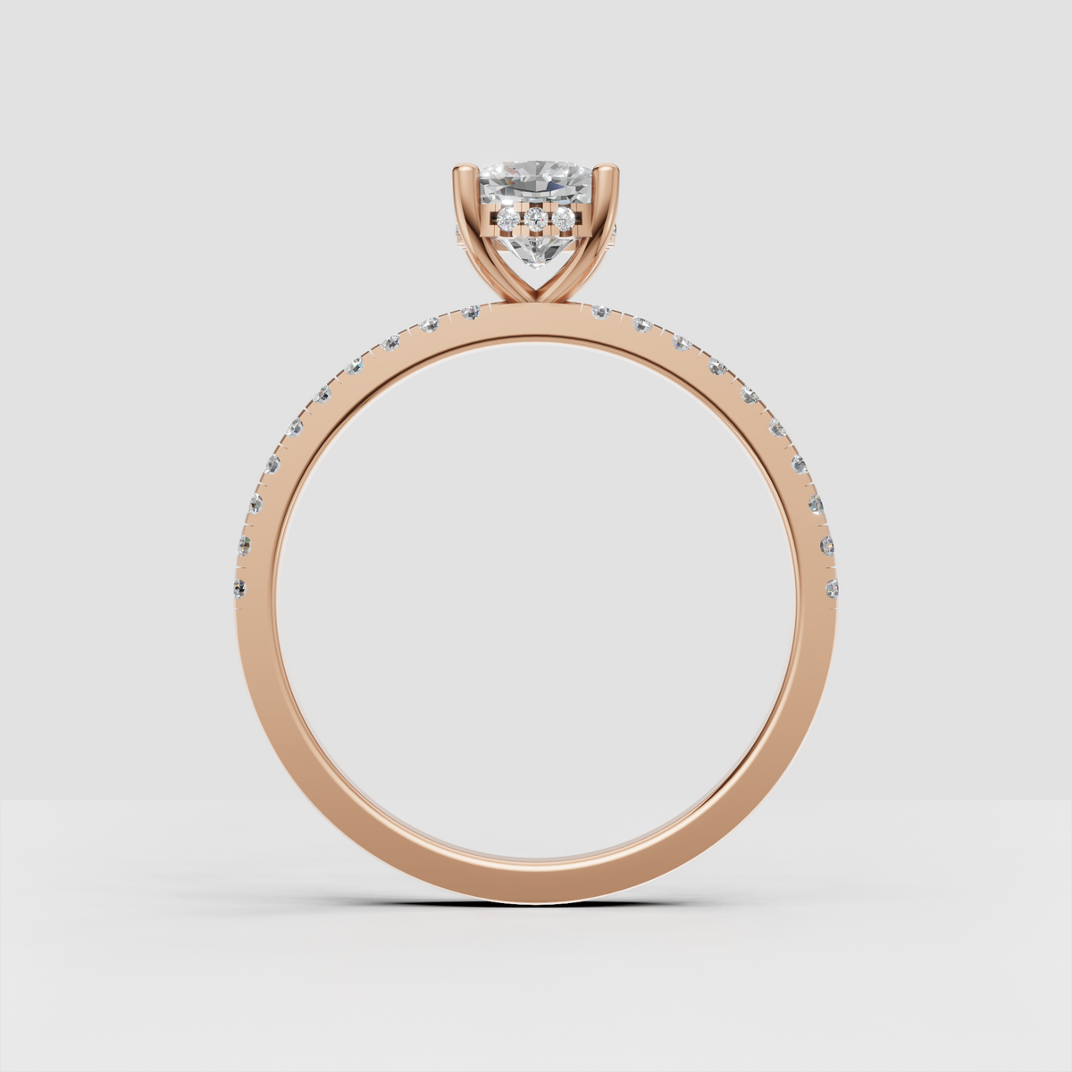 Classic cushion diamond ring with minimalist pave shank