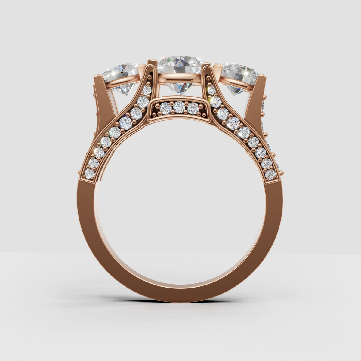 Round Diamond engagement ring with open trellis gallery and pavé shoulders